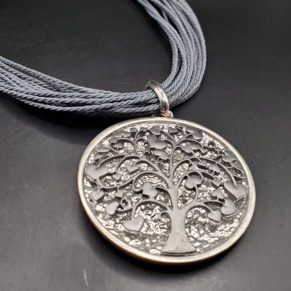 Tree of Life Pendant Necklace Silver Tone Multi-Strand Cord Adjustable Choker - Picture 1 of 9